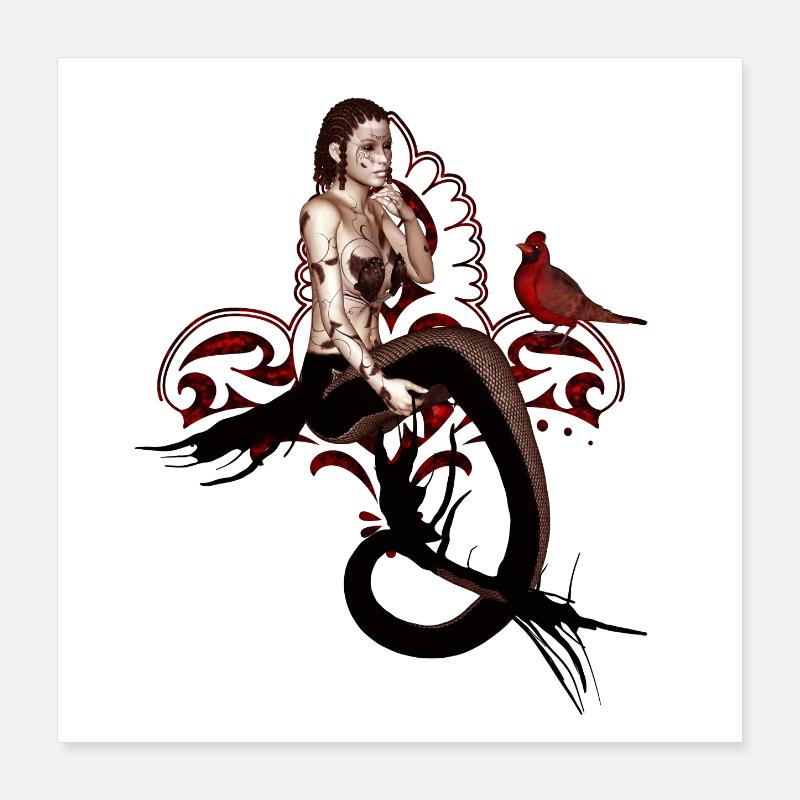 Wunderbare dunkle Meerjungfrau, die in einem Baum sitzt Poster 40x40 cm