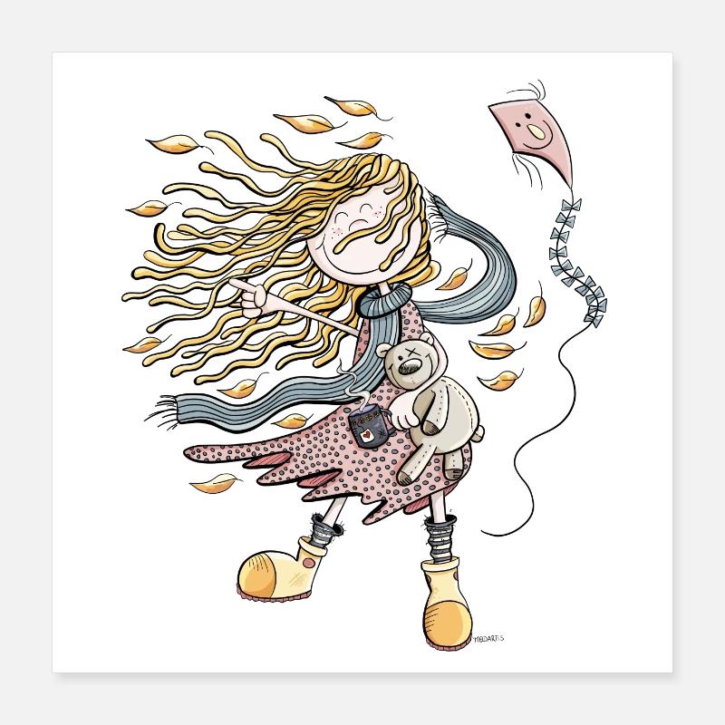 Fille chanceuse dans le vent d’automne I automne Poster 40 x 40 cm