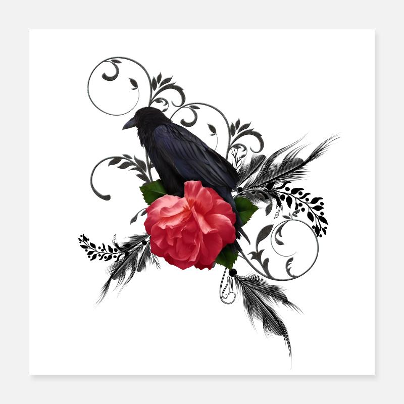 Wunderbare Krähe mit Rose Poster 40x40 cm