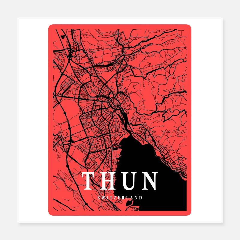 Thun Stadtkarte im Rotkontrast Poster 40x40 cm