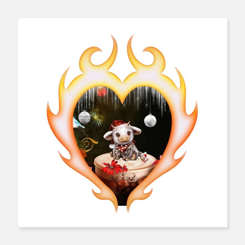 Süße Weihnachtskuh mit Vogel Poster 40x40 cm