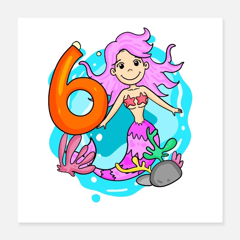Fille de 6 ans sirène de 6ème anniversaire Poster 40 x 40 cm