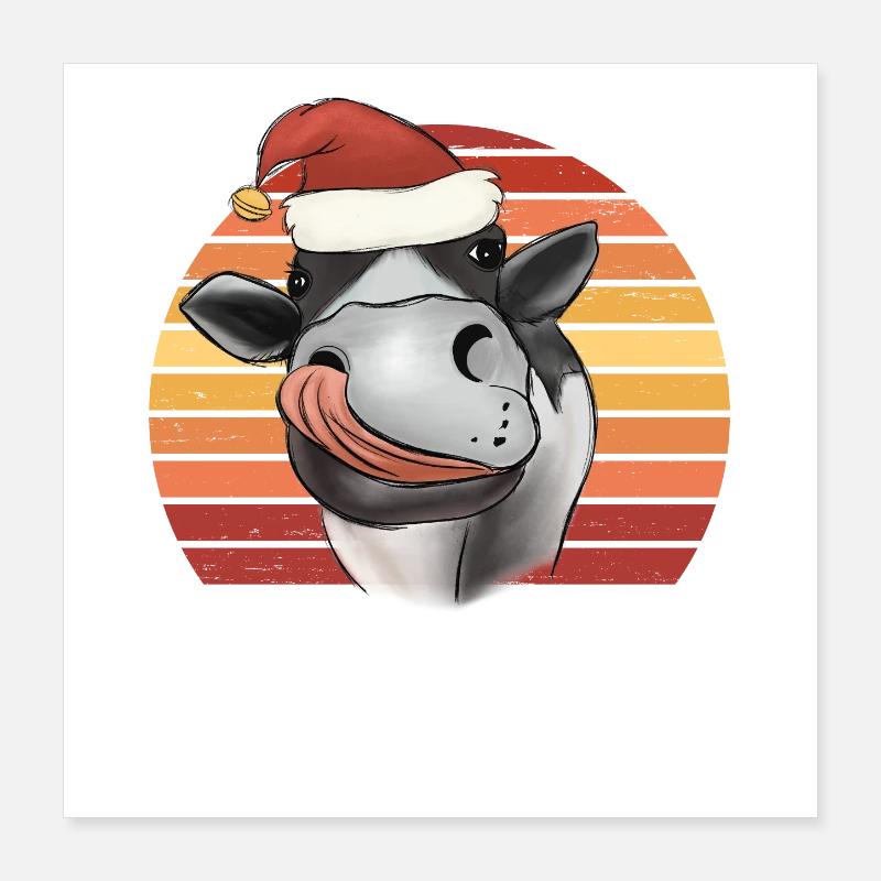 Vache de Noël avec chapeau de Noël rétro Poster 40 x 40 cm