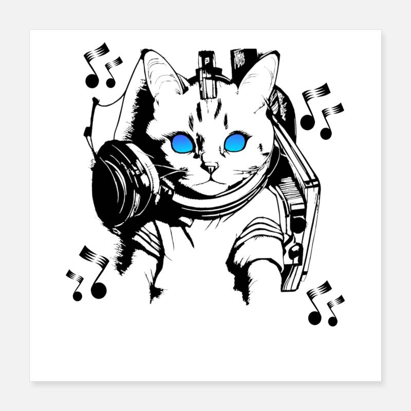 DJ chat avec écouteurs Poster 40 x 40 cm