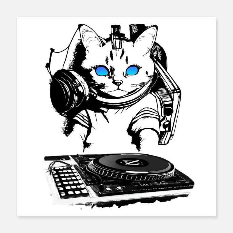 Cat DJ avec table de mixage Poster 40 x 40 cm