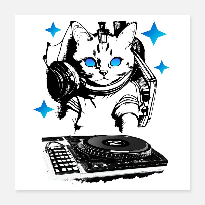 DJ cat avec table de mixage Poster 40 x 40 cm