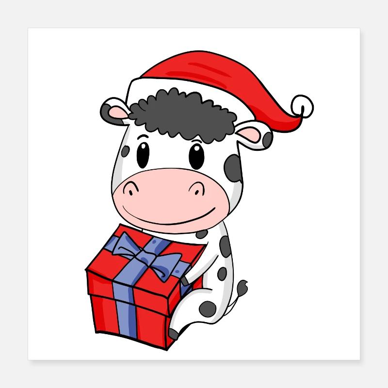 Vache de Noël Bébé avec cadeau Poster 40 x 40 cm
