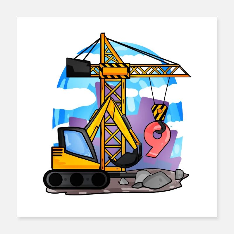 9th birthday 9 years crane construction site excavator boy Poster 16" x 16" (40x40 cm)