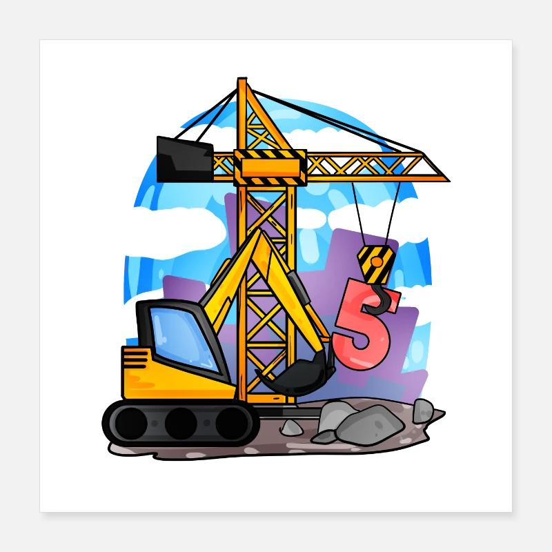 5th birthday 5 years crane construction site excavator boy Poster 16" x 16" (40x40 cm)