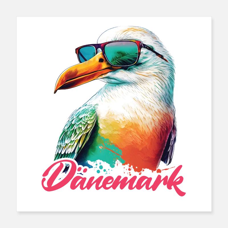 Dänemark Urlaub coole bunte Möwe mit Sonnenbrille Poster 40x40 cm