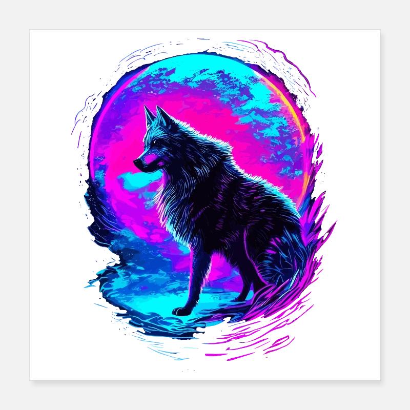 Wolf Neon Moon Synthwave Poster 40x40 cm
