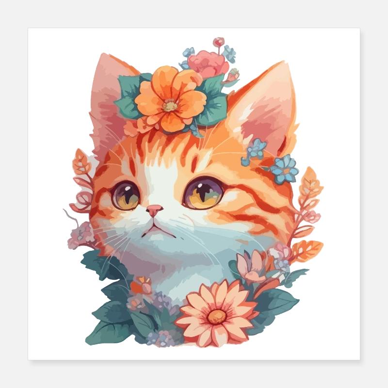 Rote Katze mit Blumen Poster 40x40 cm