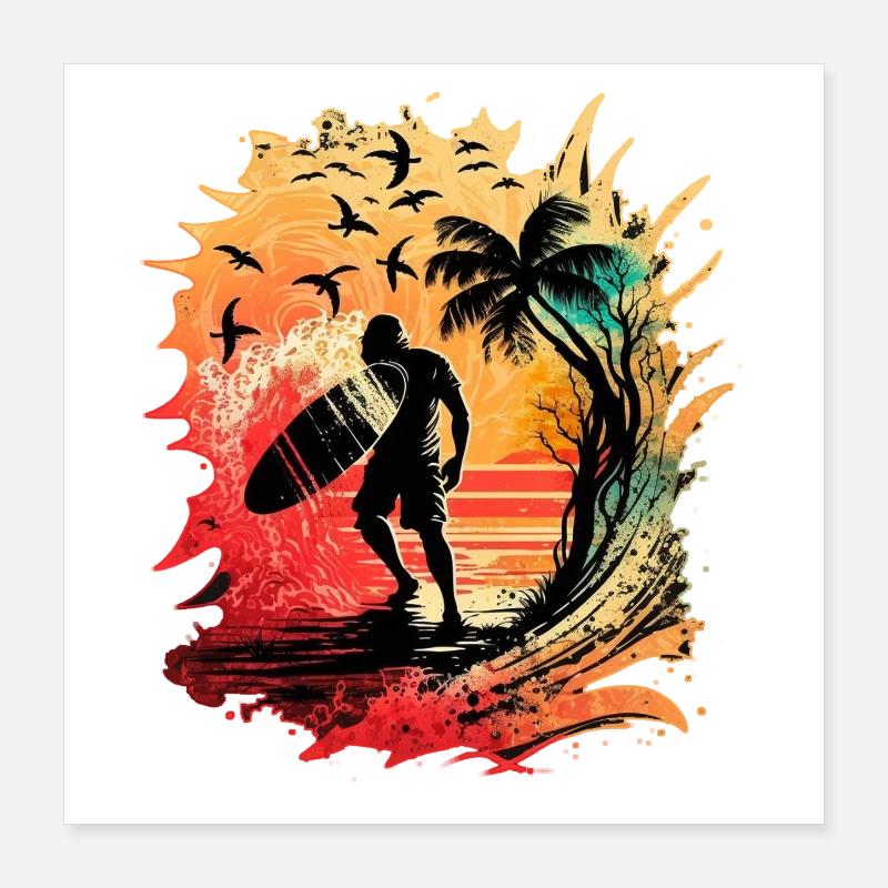 Cool surfer in sunrise under palm trees Poster 16" x 16" (40x40 cm)
