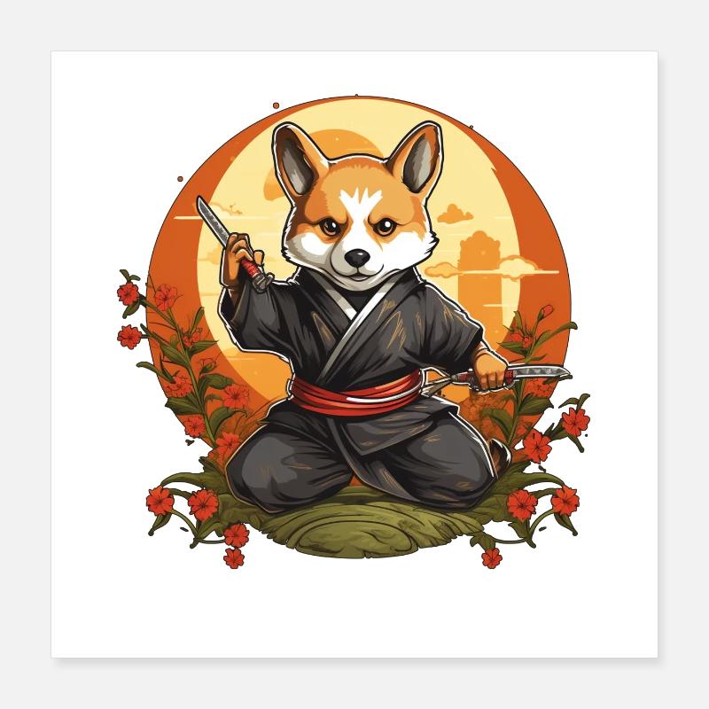 Ninja Corgi Chien avec Couteaux Poster 40 x 40 cm