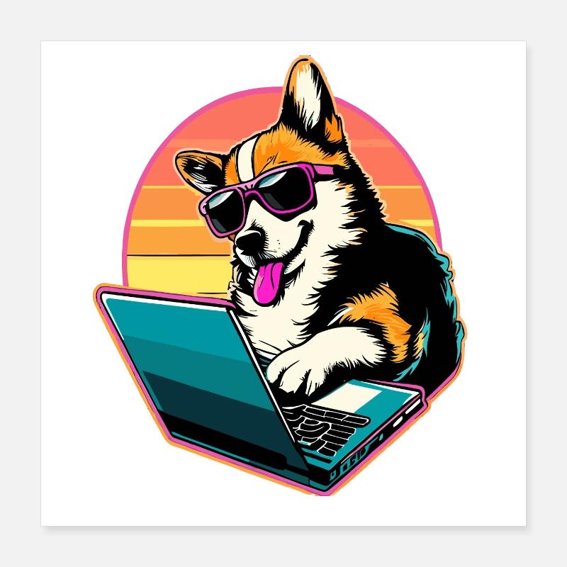 Corgi avec ordinateur portable Welsh Corgi Dog Poster 40 x 40 cm