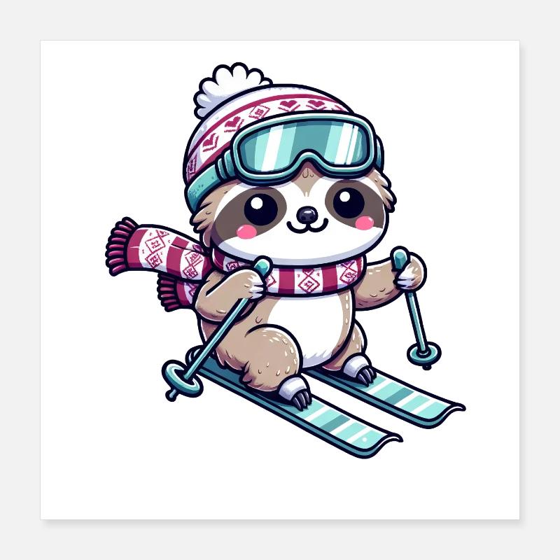 Cute Comic Sloth Skiing Poster 16" x 16" (40x40 cm)