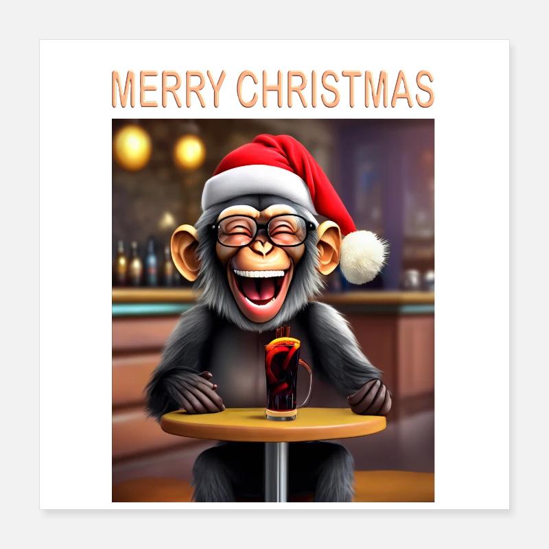 Monkey celebrates Christmas with hat and drink Poster 16" x 16" (40x40 cm)