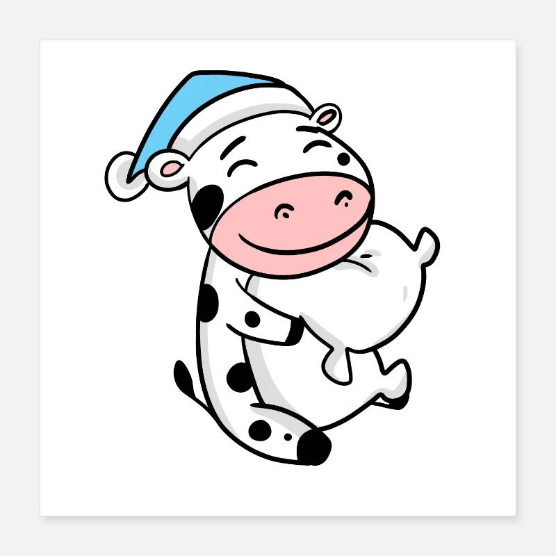 Vache avec oreiller et bonnet somnolent Poster 40 x 40 cm