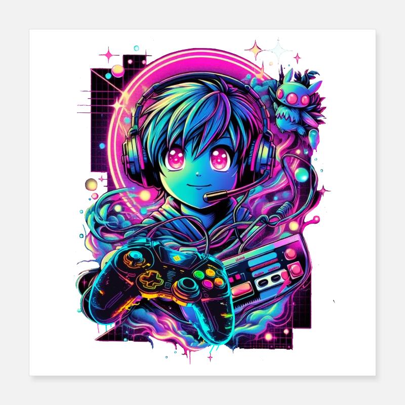 Gamer Controller Anime Synthwave Art Poster 40x40 cm