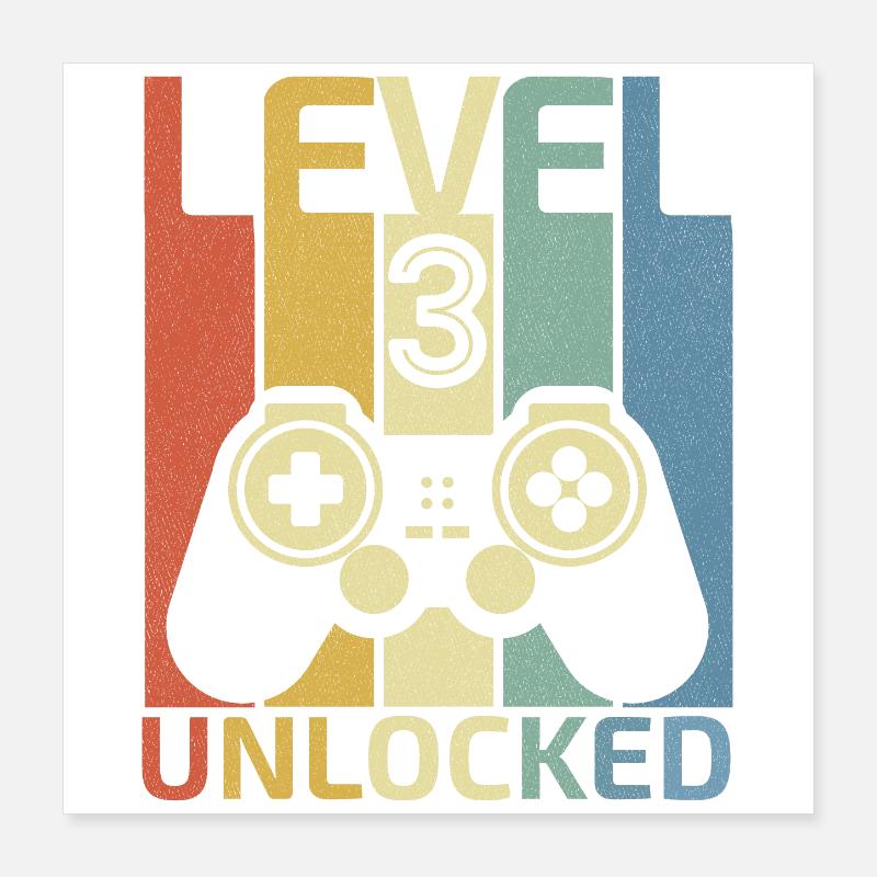 Level 3 Freigeschaltetes Hemd Videospieler 3. Geburtstag Poster 40x40 cm