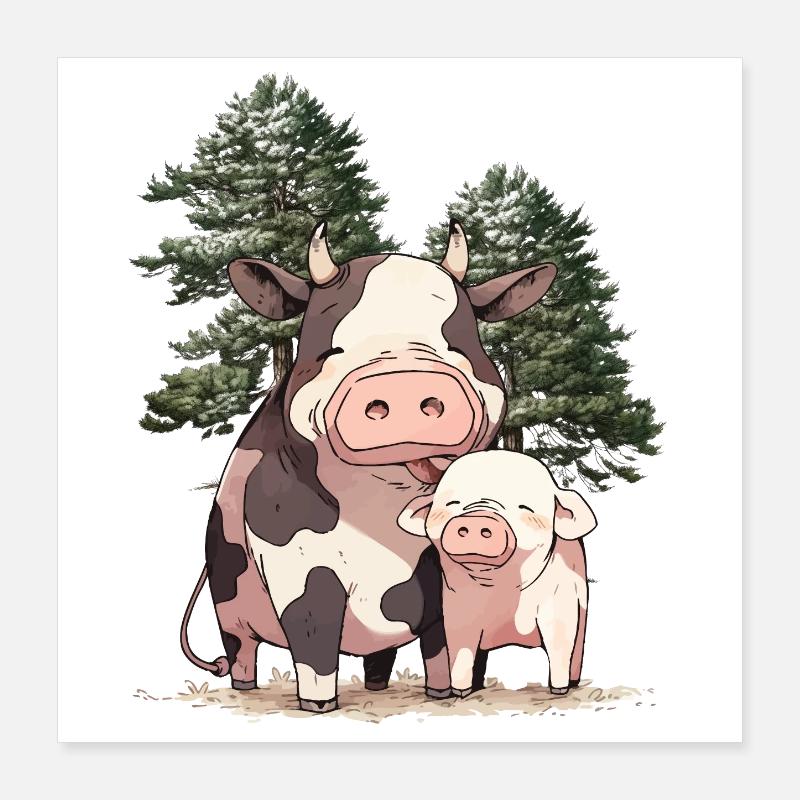Amis Amitié Vache Cochon Animaux Ensemble Poster 40 x 40 cm