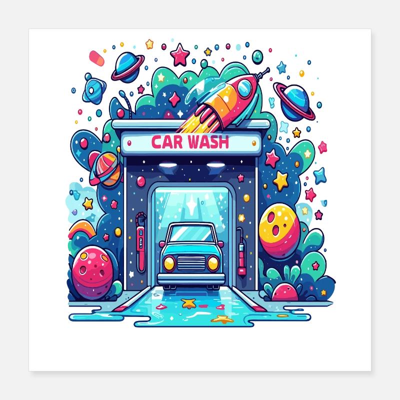 Comic Auto Waschanlage Poster 40x40 cm