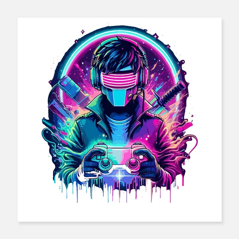 Neon Cyber Controller - Retro Gaming Power Poster 40x40 cm