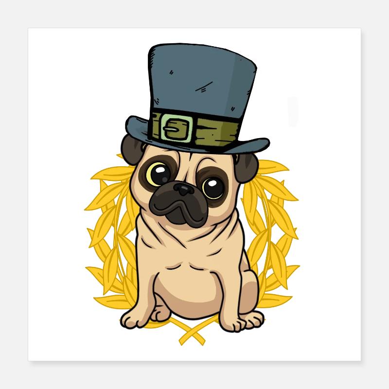 Dog Pug Hat Laurel Wreath Poster 16" x 16" (40x40 cm)