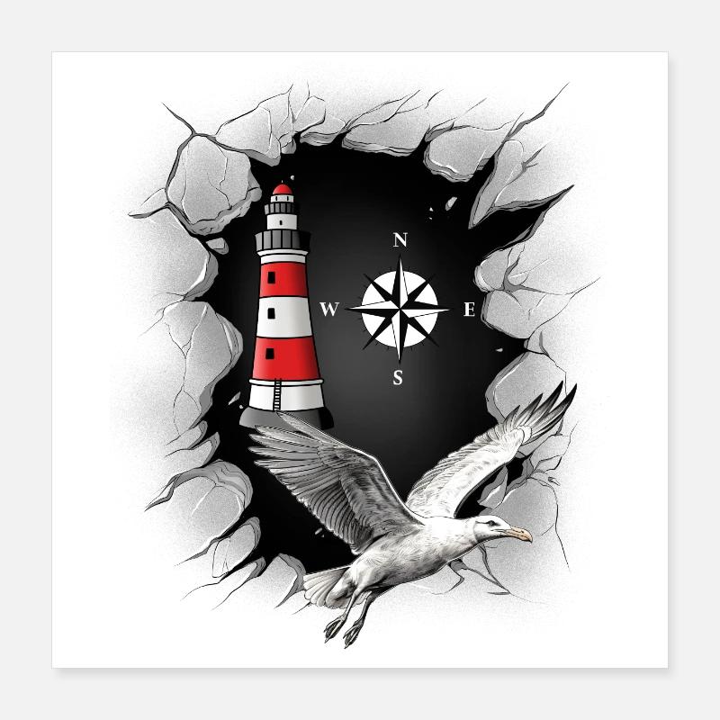Seagull Lighthouse Compass Maritime Ahoy Poster 16" x 16" (40x40 cm)