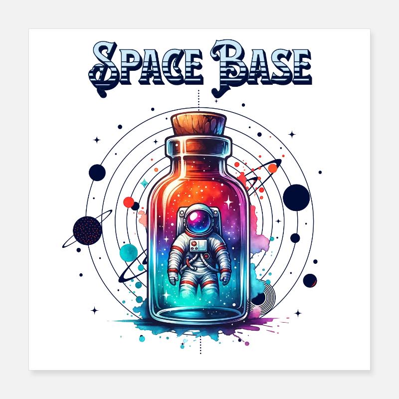 Space Bottle – Astronaute dans un verre au néon Poster 40 x 40 cm