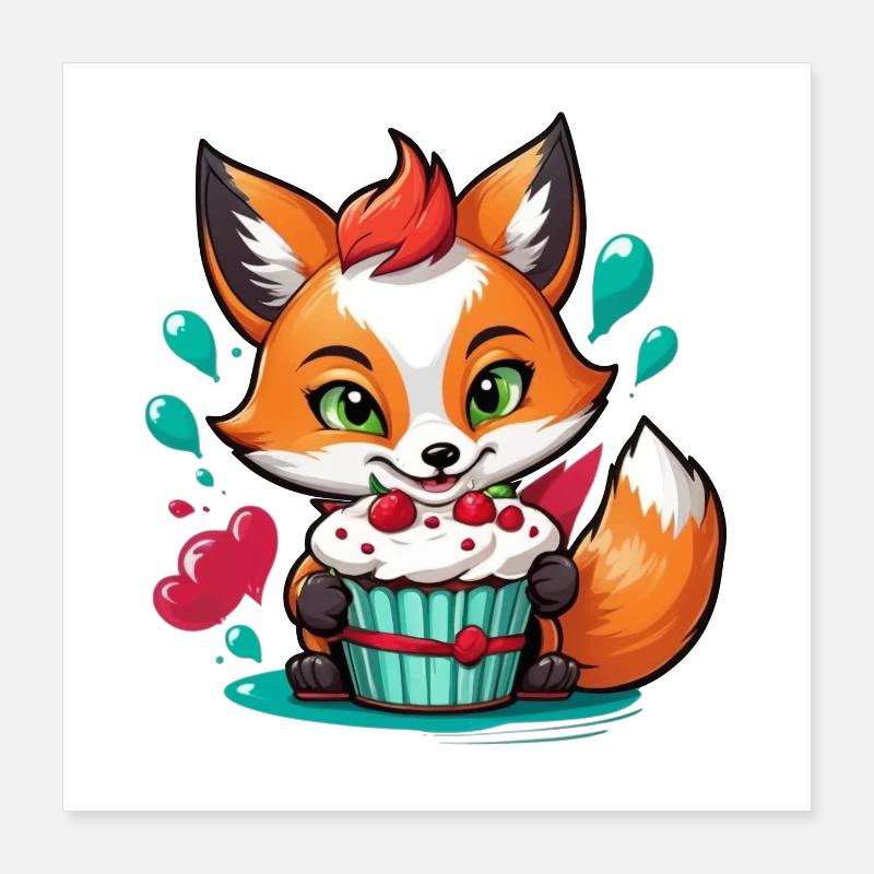 Kleiner Fuchs mit leckerem Muffin Poster 40x40 cm