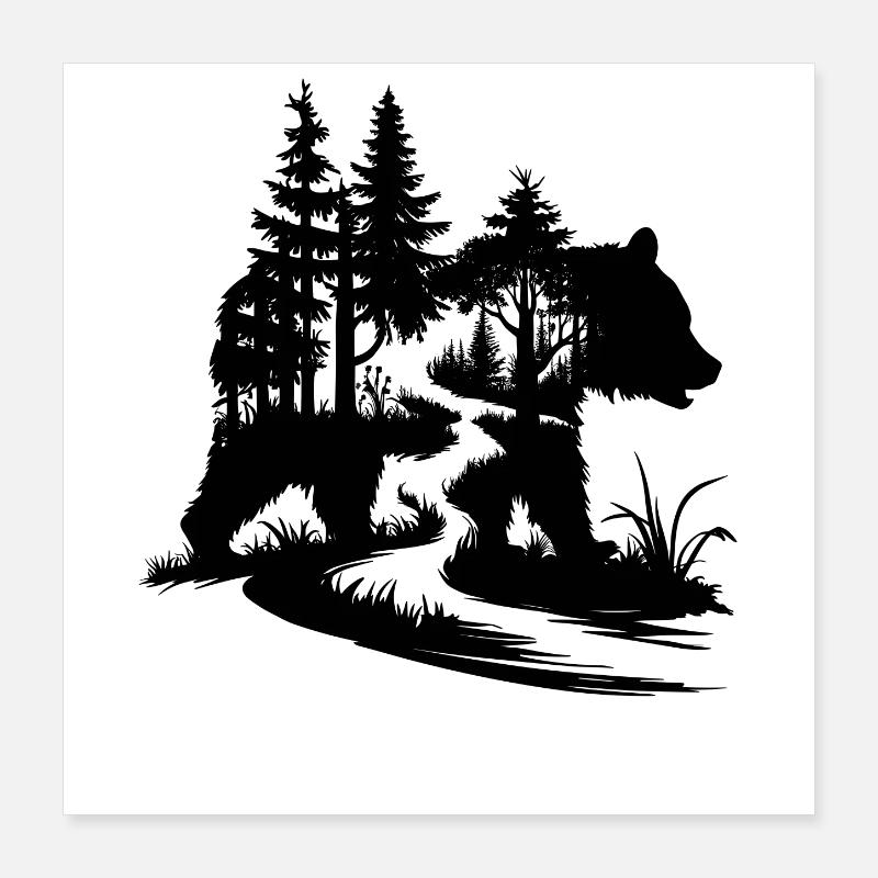Bears Silhouette Forest Path Outdoor Art Poster 16" x 16" (40x40 cm)