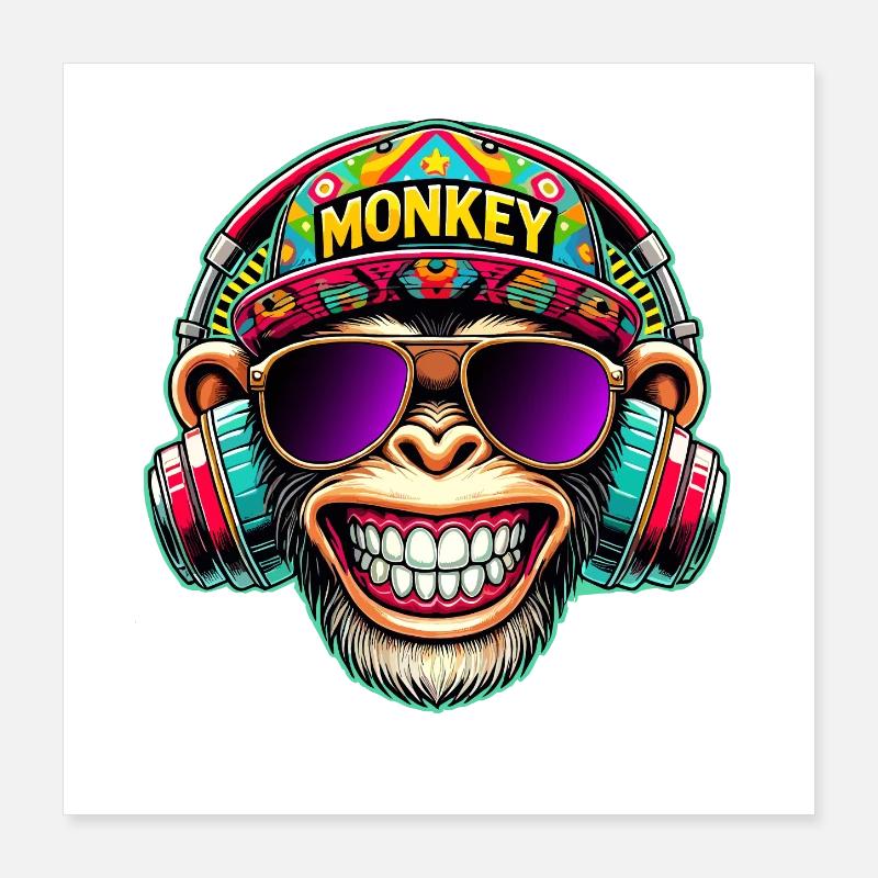 Cooler DJ Monkey Kopfhörer Bunter Retro-Stil Poster 40x40 cm