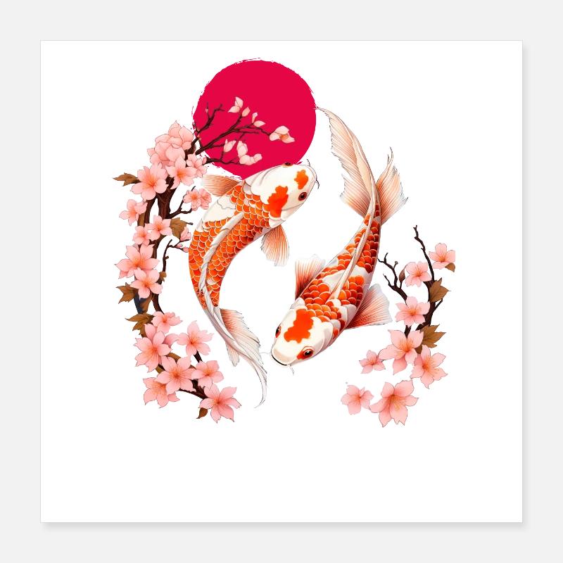Des fleurs de carpes koi et de cerisier dans la lune rouge Poster 40 x 40 cm