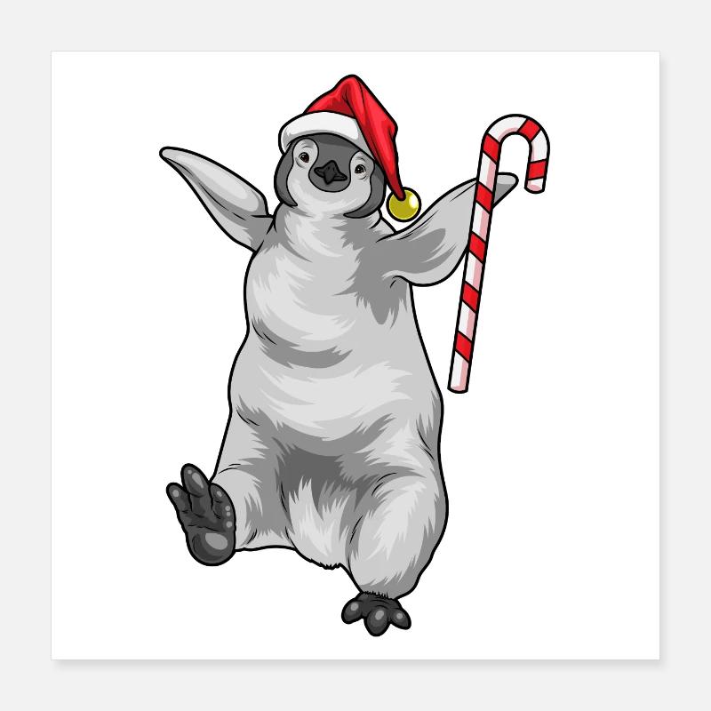Penguin Christmas Candy Cane Poster 16" x 16" (40x40 cm)