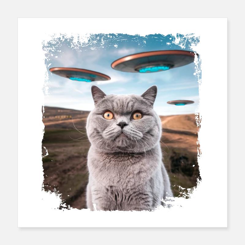 Funny British Shorthair Cat selfie with Alien UFOs Poster 16" x 16" (40x40 cm)