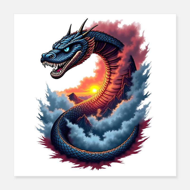 Serpent mythique avec coucher de soleil Année du Serpent 2025 Poster 40 x 40 cm
