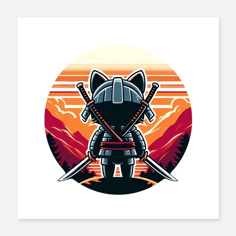 Katanas de chat samouraï regardant le coucher de soleil et les montagnes Poster 40 x 40 cm