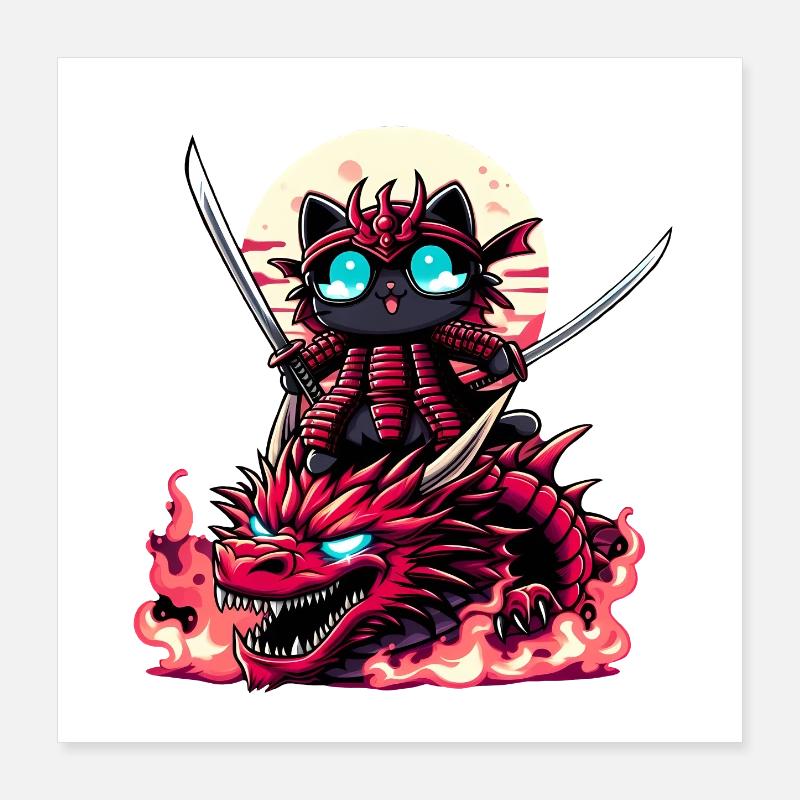 Chat samouraï avec épée sur dragon dans une bataille épique 3D Poster 40 x 40 cm