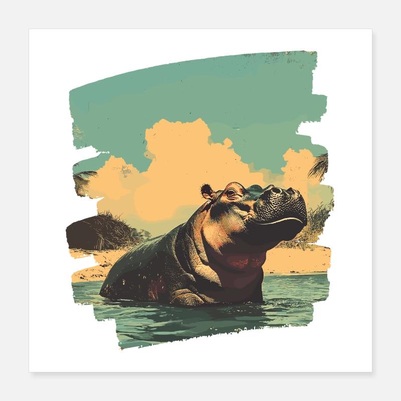 Hippopotamus Retro Poster 16" x 16" (40x40 cm)