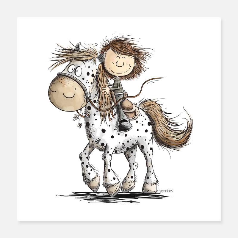 Drolliges Pferd mit Reiter Cartoon Pferdchen Poster 40x40 cm