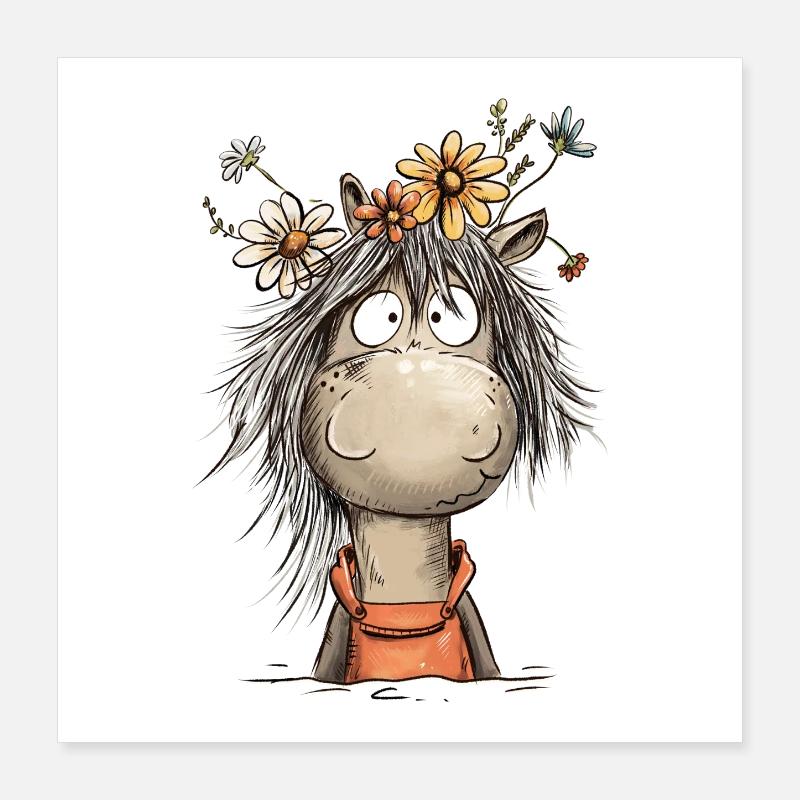 Pferd Mit Wildblumen Cartoon Reiter Poster 40x40 cm