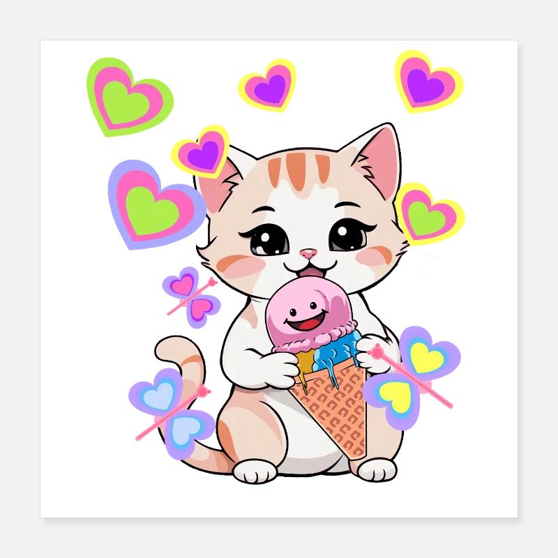 Katzen Sommerzeit Kinder Kind Katze Eis Herzen Poster 40x40 cm