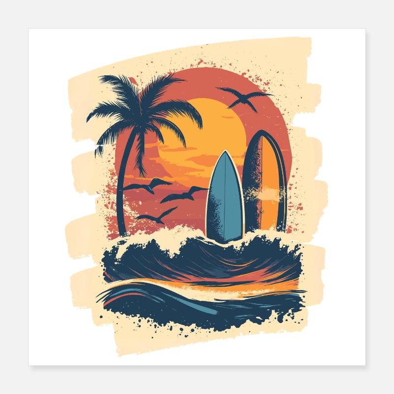Plage Palmiers Coucher de soleil Surfeur Été Poster 40 x 40 cm