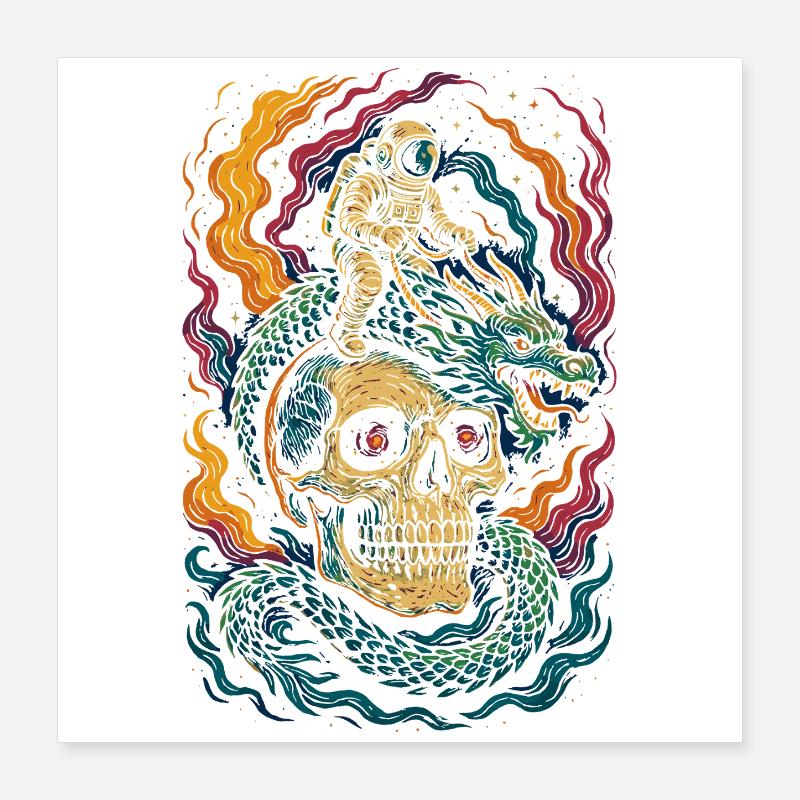 Astronaut Reitt Drachen Kosmische Schädel Kunst Poster 40x40 cm