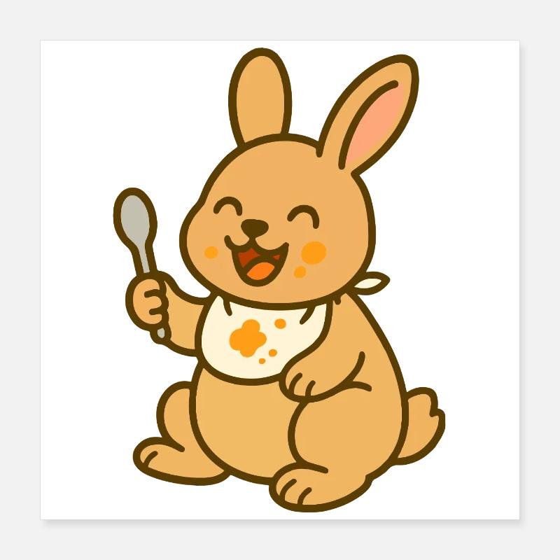 Bébé lapin avec cuillère dans le bonheur alimentaire Poster 40 x 40 cm