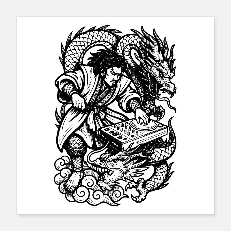 DJ Shirt: Samurai at the Techno Mixer with Dragon Poster 16" x 16" (40x40 cm)