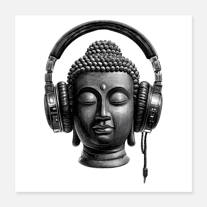 Buddha mit Kopfhörern Achtsamkeit Musik Boho Zen Poster 40x40 cm