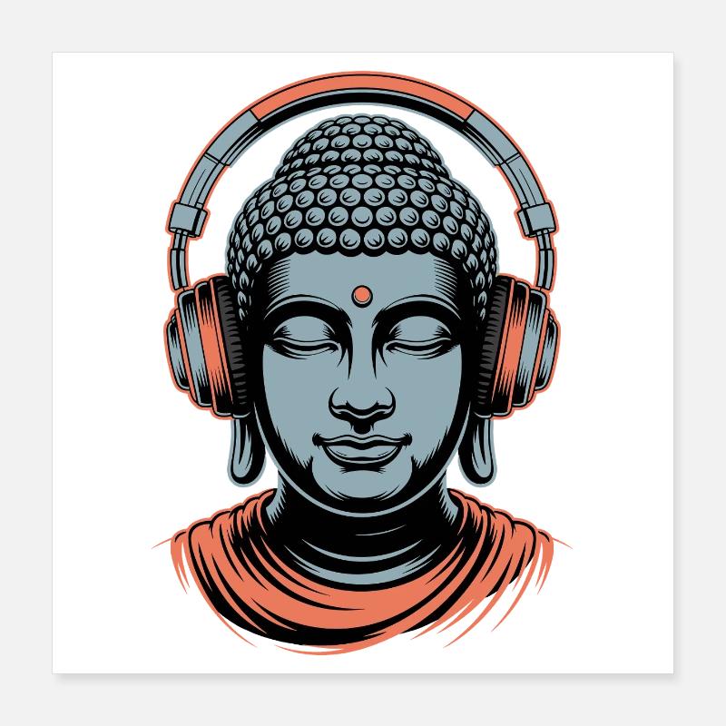 Bouddha avec casque Mindfulness Musique Boho Zen Poster 40 x 40 cm
