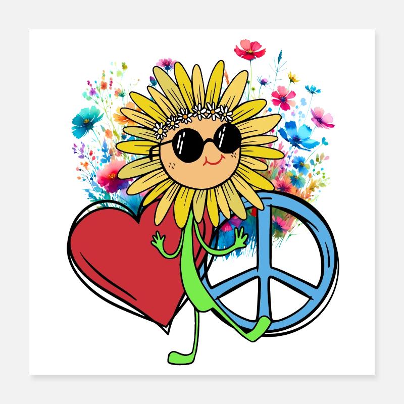Hippe Sonnenblume Peace Herz Blume Poster 40x40 cm